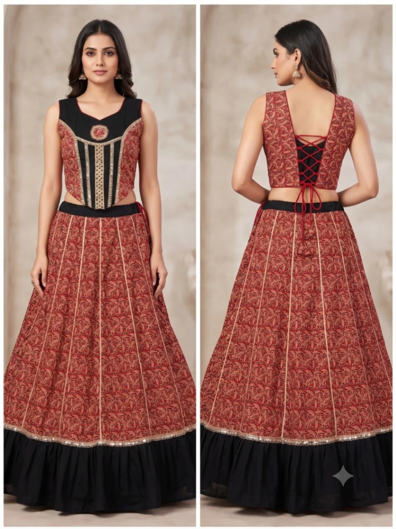 Pure Cotton Chaniya Choli Set with Designer Mirror Work Blouse & Broad Border Skirt