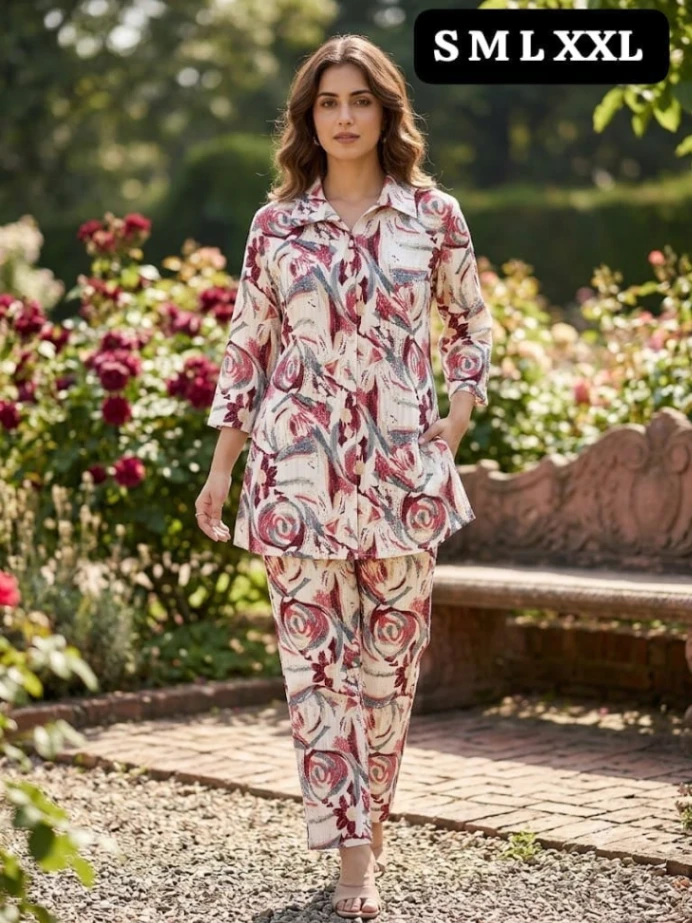 uper trendy Abstract Floral Printed Co-ord Set! 🌸💛 perfectly combining comfort and high fashion! 💃✨